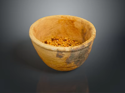 Hand Carved Clay Bowl Sculpture With Ancient Textured Surface And Seeds Inside 3d model