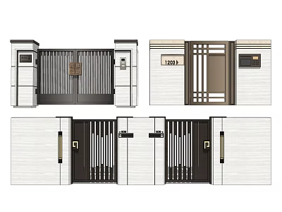 Modern Entrance Gate Design With Metal Elements Pillars And House Number Plate 3d model