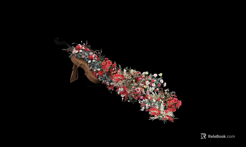 Floral Vase Arrangement With Red White Flowers Green Leaves On Wooden Stand Decorative 3d model 