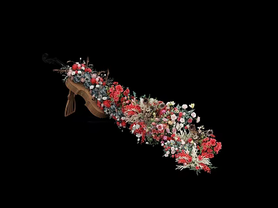 Floral Vase Arrangement With Red White Flowers Green Leaves On Wooden Stand Decorative 3d model