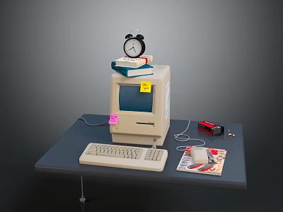 Vintage Computer Workstation With Tower Alarm Clock Stacked Books Keyboard Mouse On Desk 3d model
