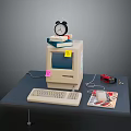 Vintage Computer Workstation With Tower Alarm Clock Stacked Books Keyboard Mouse On Desk