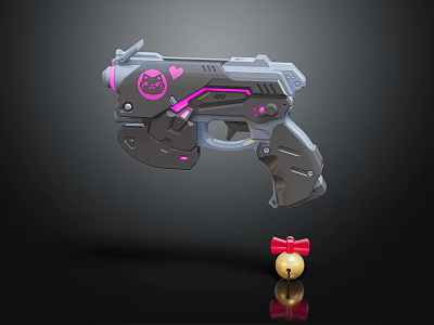 Futuristic Gun With Pink Accents And Cat Design Nearby Gold Bell With Red Bow 3d model