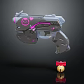 Futuristic Gun With Pink Accents And Cat Design Nearby Gold Bell With Red Bow