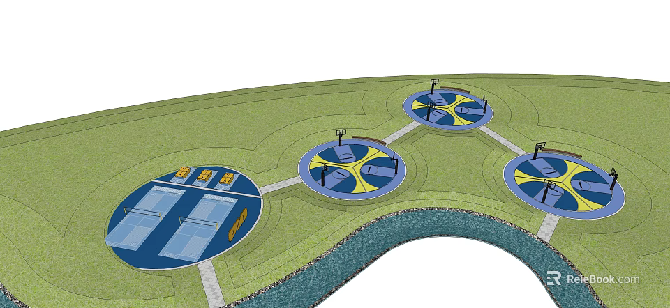 Outdoor Basketball Court Complex With Multiple Circular Courts Green Lawn And Waterfront Design 3d model 