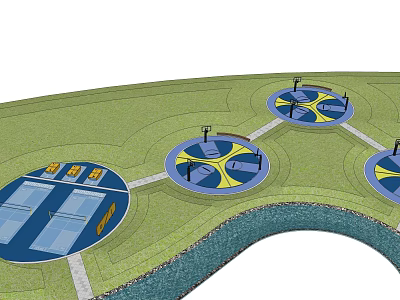 Outdoor Basketball Court Complex With Multiple Circular Courts Green Lawn And Waterfront Design 3d model