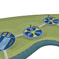 Outdoor Basketball Court Complex With Multiple Circular Courts Green Lawn And Waterfront Design