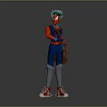Game and Movie Character With Teal Hair Red Blue Costume Brown Bag and Red Sneakers