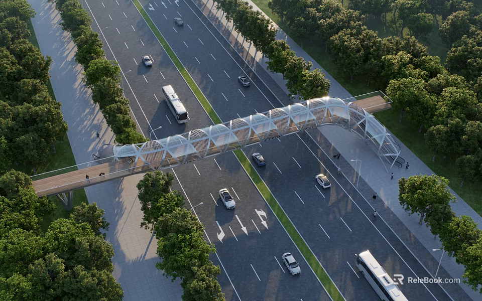 Modern Transparent Roof Pedestrian Overpass Crossing Wide Multi Lane Urban Road With Lush Surrounding Greenery 3d model 