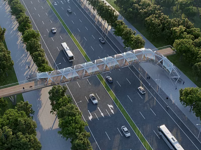 Modern Transparent Roof Pedestrian Overpass Crossing Wide Multi Lane Urban Road With Lush Surrounding Greenery 3d model