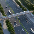 Modern Transparent Roof Pedestrian Overpass Crossing Wide Multi Lane Urban Road With Lush Surrounding Greenery