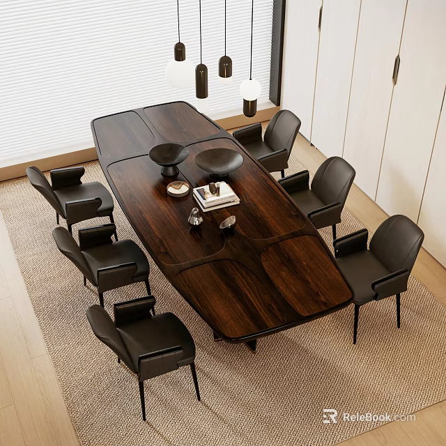 Dark Wooden Dining Table Set With Black Chairs And Decorative Items In Modern Interior 3d model 