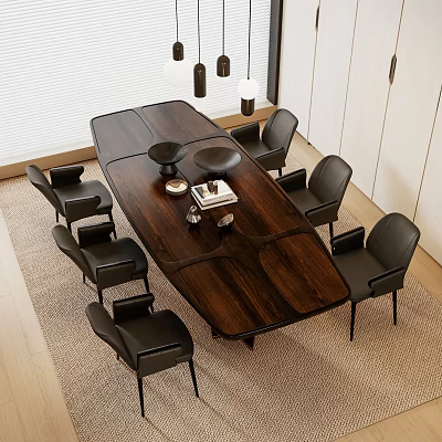 Dark Wooden Dining Table Set With Black Chairs And Decorative Items In Modern Interior 3d model