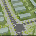 Municipal Road Intersection Layout With Surrounding Buildings Green Trees And Moving Vehicles