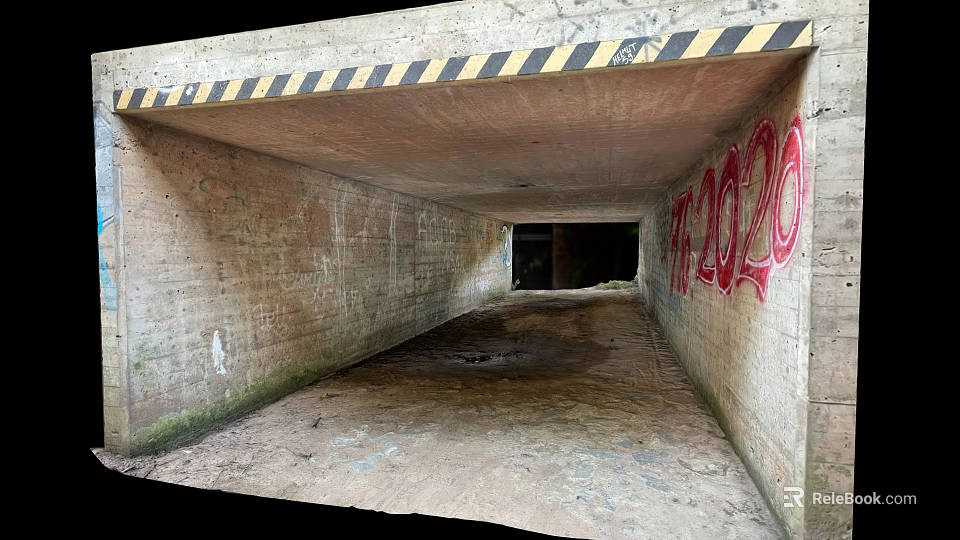 Dilapidated Concrete Tunnel Interior With Graffiti Yellow Black Striped Tape And Dirt Floor 3d model 