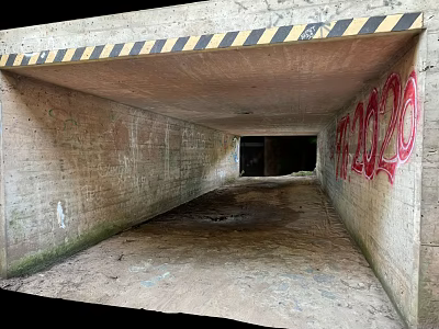 Dilapidated Concrete Tunnel Interior With Graffiti Yellow Black Striped Tape And Dirt Floor 3d model