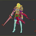 Red Haired Warrior Character In Armored Outfit Holding Sword With Falling Leaves