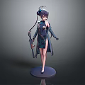 3D Female Character Model In Traditional Outfit With Dragon Pattern Hair Accessory Holding Weapon On Circular Base