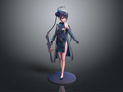 3D Female Character Model In Traditional Outfit With Dragon Pattern Hair Accessory Holding Weapon On Circular Base 3d model