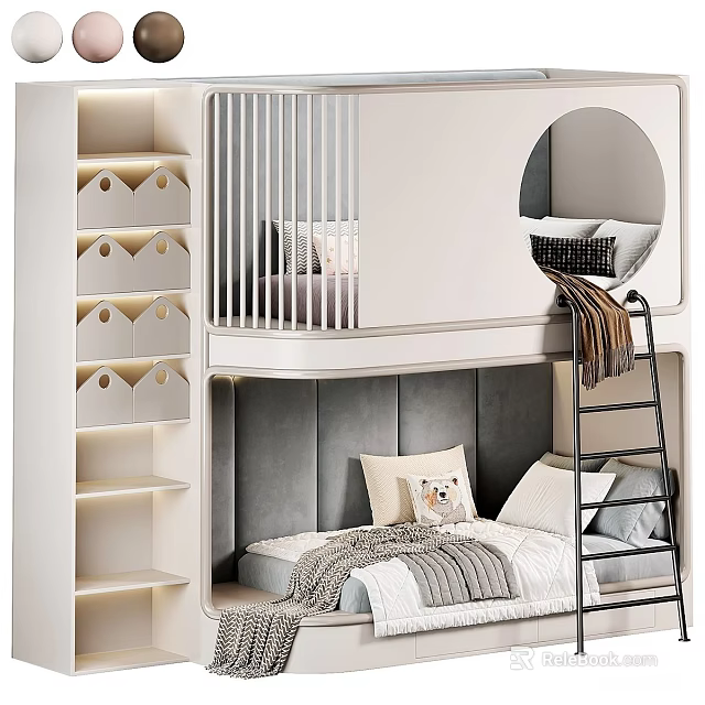 Modern Gray And White Bunk Bed With Ladder Storage Shelves And Decorative Pillows 3d model 