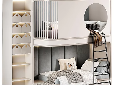 Modern Gray And White Bunk Bed With Ladder Storage Shelves And Decorative Pillows 3d model