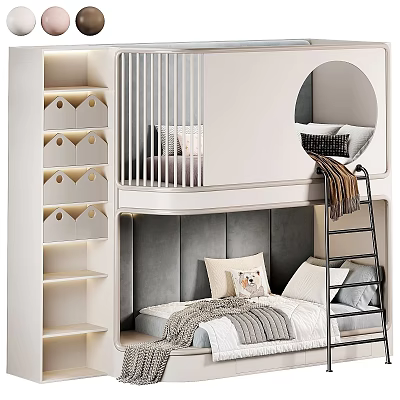 Modern Gray And White Bunk Bed With Ladder Storage Shelves And Decorative Pillows 3d model