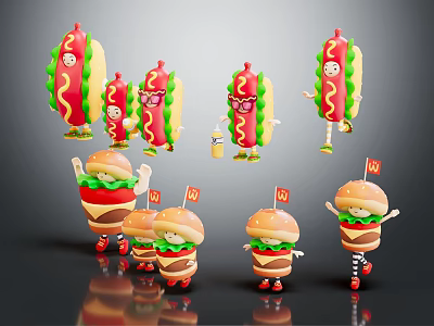 Playful Anthropomorphic Hotdog And Burger Characters For Game And Movie Scenes 3d model