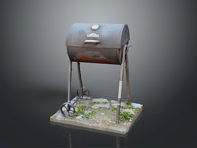 Outdoor Portable Vintage Grill With Wheels And Rustic Design On Grass And Gravel Base 3d model