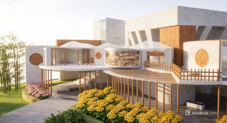Modern Cultural Center Building With Outdoor Garden Wooden Railings And Yellow Flowers 3d model 
