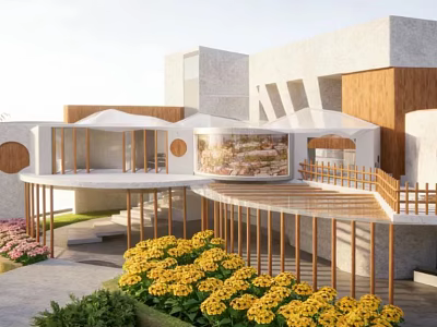 Modern Cultural Center Building With Outdoor Garden Wooden Railings And Yellow Flowers 3d model