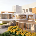 Modern Cultural Center Building With Outdoor Garden Wooden Railings And Yellow Flowers