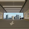 Underground Garage Interior With Arrow Direction Ceiling Strip Lights And Distant High Rise Buildings