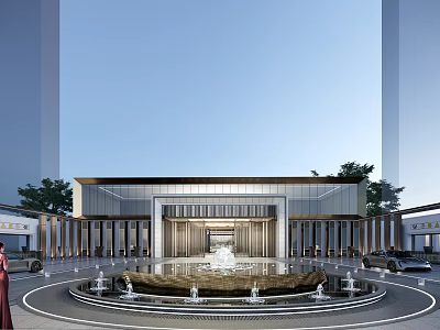 Modern Entrance Gate Design With Circular Fountain Driveway And Surrounding Trees 3d model