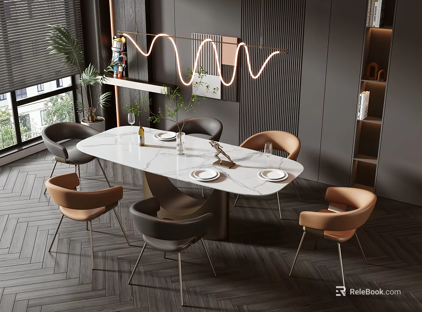 Modern Dining Table Set With Marble Top Multi Colored Chairs And Wavy Lighting 3d model