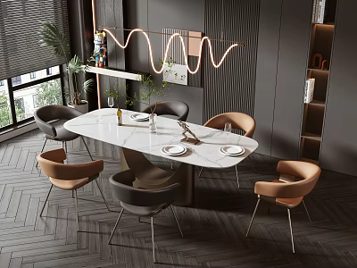 Modern Dining Table Set With Marble Top Multi Colored Chairs And Wavy Lighting 3d model