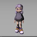 3D Character With Purple Hair Purple Eyes Gray Hoodie Black Shorts And Purple Yellow Shoes