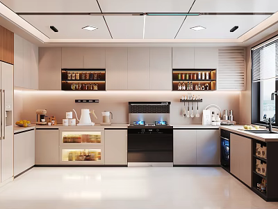 Modern Kitchen Interior With White Cabinets Countertop Appliances And Open Shelves 3d model