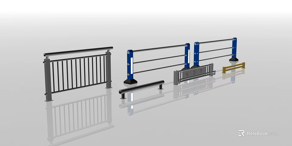 Various Types of Metal Fencing with Blue Posts Black Rails and Modern Design 3d model 