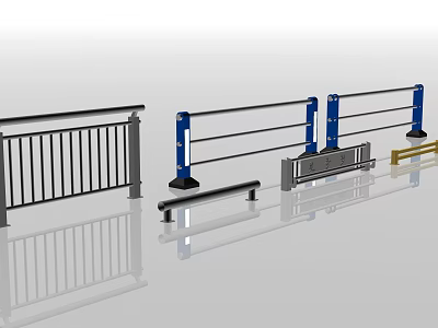 Various Types of Metal Fencing with Blue Posts Black Rails and Modern Design 3d model