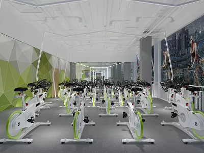 Spacious Modern Fitness Gym Interior With Rows Of Spin Bikes And Workout Equipment 3d model