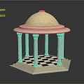 Stone Gazebo Model Featuring Dome Structure With Columns And Hexagonal Black White Checkered Floor 3d model