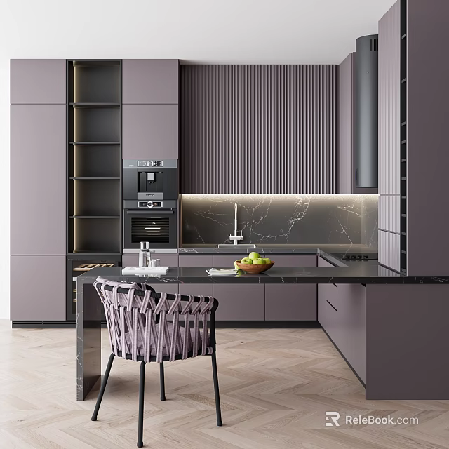 Modern Kitchen With Sleek Gray Cabinets Countertop Oven And Herringbone Floor 3d model 