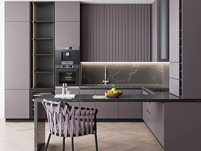 Modern Kitchen With Sleek Gray Cabinets Countertop Oven And Herringbone Floor 3d model