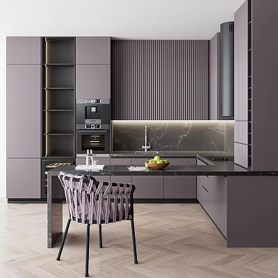 Modern Kitchen With Sleek Gray Cabinets Countertop Oven And Herringbone Floor 3d model