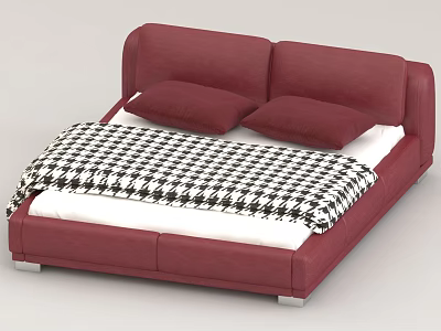 Red Leather Double Bed With Two Red Cushions White Sheet And Black White Houndstooth Blanket 3d model