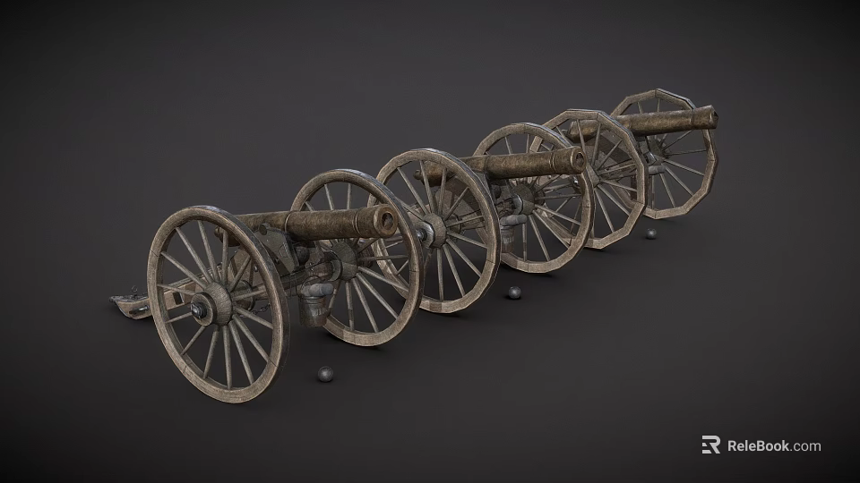 Antique Weapons Old Fashioned Cannons with Large Wooden Wheels Lined Up on Dark Background 3d model 