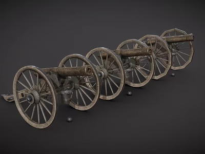 Antique Weapons Old Fashioned Cannons with Large Wooden Wheels Lined Up on Dark Background 3d model