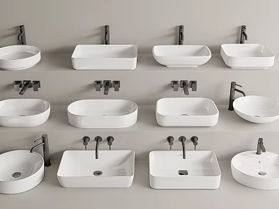 White Washbasins in Various Styles with Faucets for Bathroom Decor 3d model