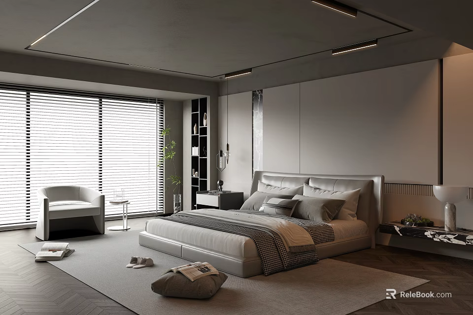 Modern Bedroom Interior With Platform Bed Nightstand Armchair And Window Blinds 3d model 