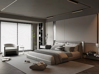 Modern Bedroom Interior With Platform Bed Nightstand Armchair And Window Blinds 3d model